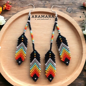 Huichol Earrings, beaded feather earrings, Mexican Earrings, Seed Bead Earrings, Fringe Earrings, Mexican Folk Art,Native American Earrings