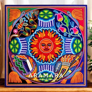 絵画、額入り、ハンドメイド、メキシコ メキシコの糸のペイント。壁の装飾に使えるウイチョル族のアート