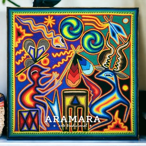 12" Huichol painting, Mexican art, Mexican painting, Mexican decor, Mexican folk art, Mexican wall art, Huichol art, Native art, 30-532