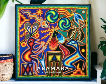 12" Huichol painting, Mexican art, Mexican painting, Mexican decor, Mexican folk art, Mexican wall art, Huichol art, Native art, 30-532