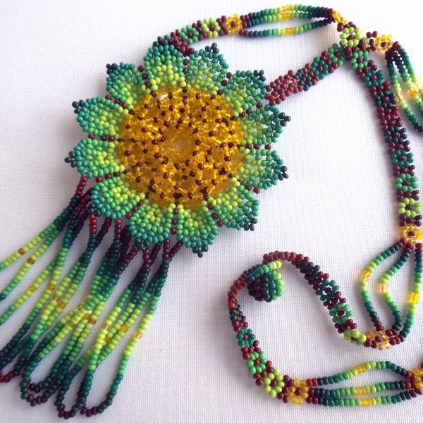 Mexican Huichol Beaded Flower Necklace