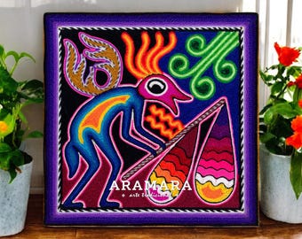 8" Huichol painting, Native art, Mexican folk art, Mexican wall art, Huichol art, Mexican decor, Mexican painting, Mexican art, 20-267