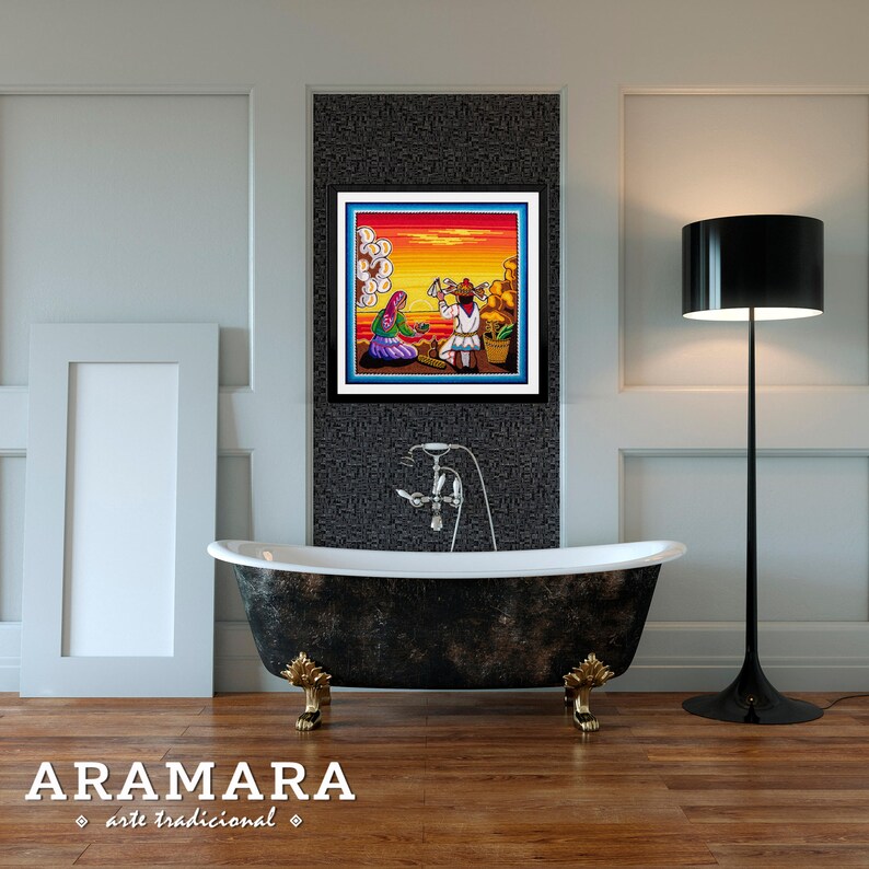May include: A framed artwork depicting a colorful scene with two figures in traditional clothing, standing in front of a sunset landscape. The artwork is titled "Aramara arte tradicional".