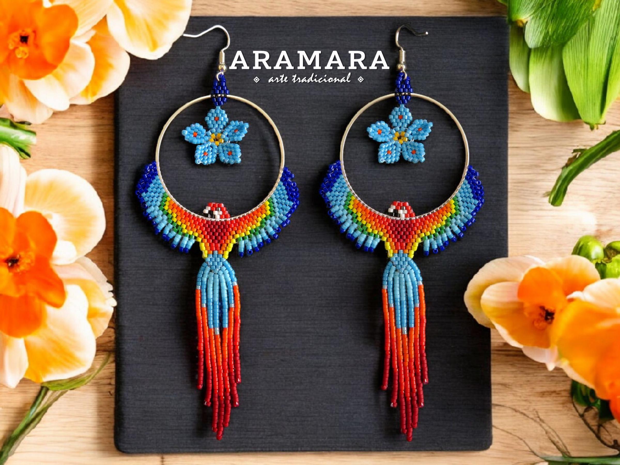 Beaded parrot earrings, Huichol Earrings, Seed Bead Earrings, Native American Earrings, Mexican Earrings, Fringe Earrings, Mexican Folk Art,
