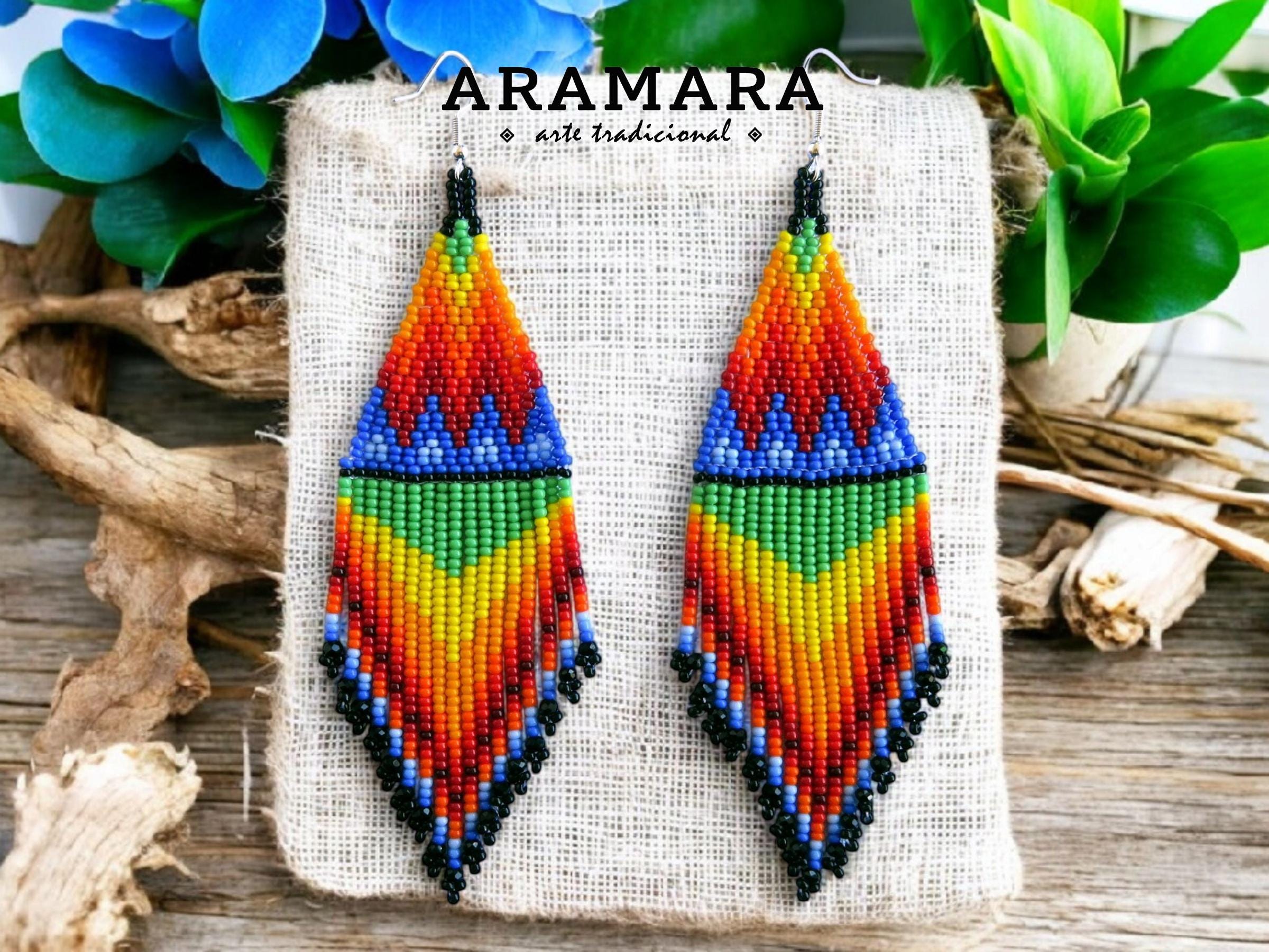 Mexican Earrings, Huichol Earrings, Native American Earrings, Statement earrings, Seed Bead Earrings, Fringe Earrings, Mexican Folk Art,