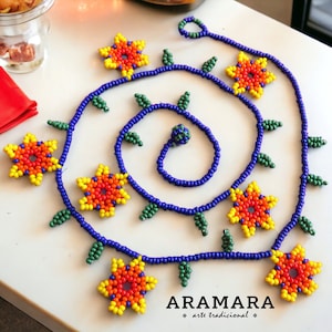 Huichol necklace, Mexican Necklace, Huichol Jewelry, Mexican Jewelry, Boho necklace, Huichol art, Beaded Flower, Flower necklace CFM-0105