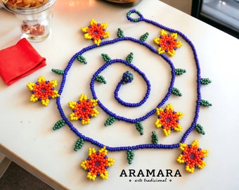 Huichol necklace, Mexican Necklace, Huichol Jewelry, Mexican Jewelry, Boho necklace, Huichol art, Beaded Flower, Flower necklace CFM-0105