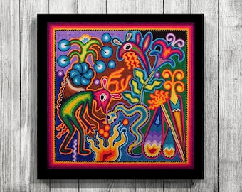 Mexican Folk Art Digital Download | Huichol Shaman Design | Maximalist Wall Decor