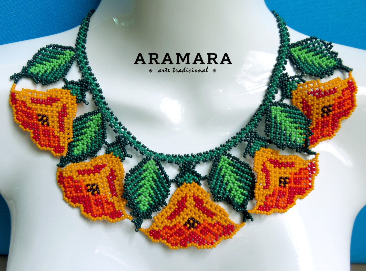 Mexican Huichol Beaded Flower Necklace and Earrings Set JGO-0030