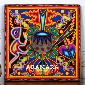 12 インチ ウイチョル族の絵画、ネイティブ アート、メキシコの絵画、ウイチョル族の芸術、メキシコの壁画、メキシコの装飾、メキシコの芸術、メキシコの民芸品、30-538