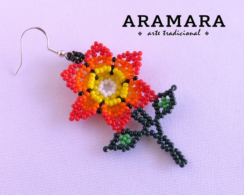 Huichol Earrings Native american earrings Beaded Flower Mexican earrings Mexican Jewelry Flower Earrings Mexican folk art AF-0919