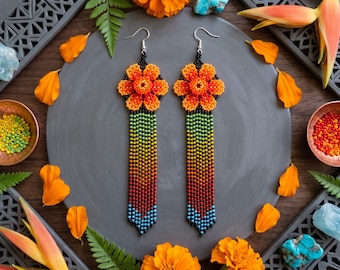 Beaded Orange Flower Earrings | Statement Earrings | Huichol Beadwork | Orange Ombre