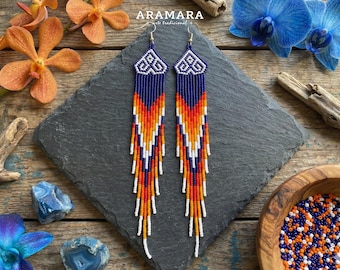 Fringe Beaded Earrings | Seed Bead Jewelry | Huichol Beadwork | Blue and Red Ombre