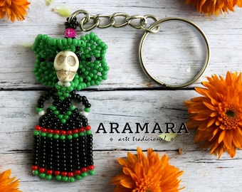Beaded Catrina keychain, Mexican Keychain, Native American, Huichol Keychain, Beaded skull, Seed Bead , Day of the dead, Dia de muertos,