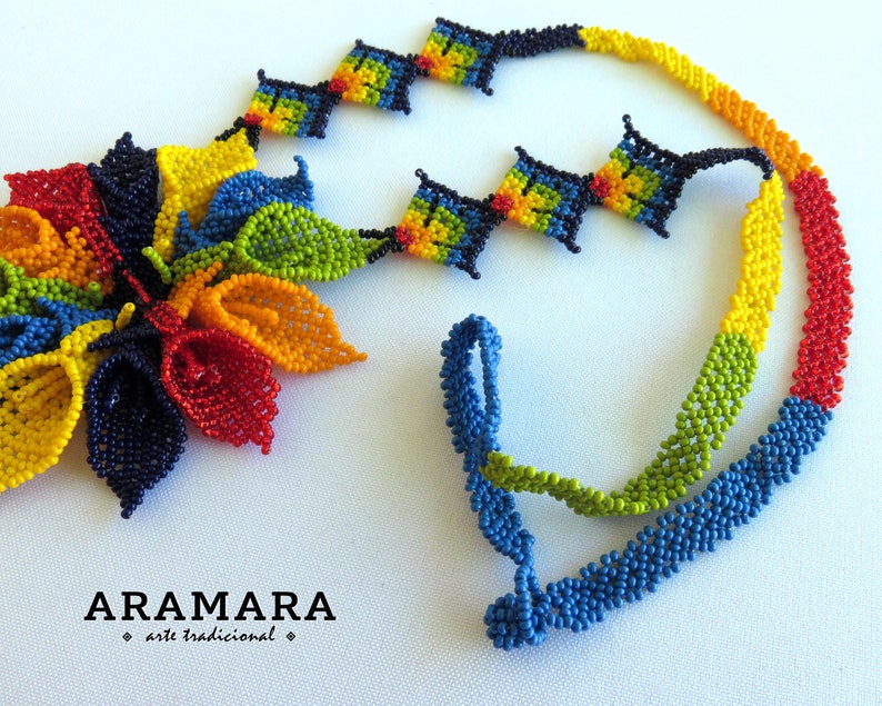 Beaded Flower Huichol jewelry Mexican Necklace Huichol necklace Flower necklace Mexican Jewelry CFG-0194 Native american necklace