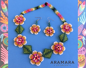 Huichol-sieradenset, Huichol-oorbellen, Mexicaanse sieraden, Huichol-sieraden, boho, Huichol-ketting, Indiaan, Mexicaanse ketting, JGO-0198