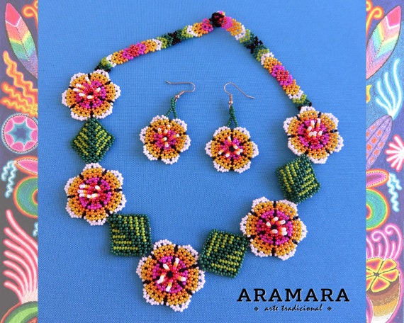 Huichol Jewelry set, Huichol earrings, Mexican Jewelry, Huichol Jewelry, Boho, Huichol necklace, Native american, Mexican Necklace, JGO-0198