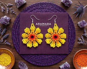 Statement Beaded Flower Earrings | Mexican Folk Art | Huichol Beadwork | Yellow Ombre and Orange