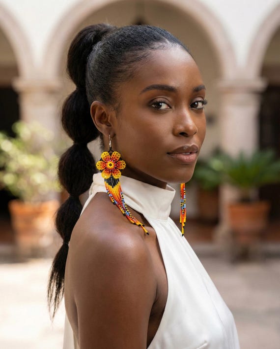 Beaded Fringe Flower Earrings | Indigenous Mexican Art | Statement