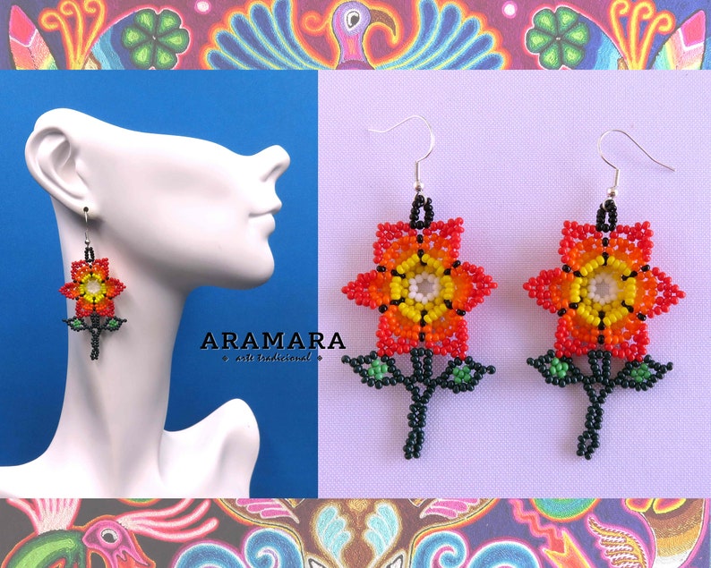 Huichol Earrings Native american earrings Beaded Flower Mexican earrings Mexican Jewelry Flower Earrings Mexican folk art AF-0919