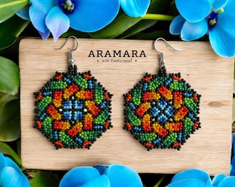 Boho Beaded Mandala Earrings | Folk Art Jewelry | Huichol Beadwork | Green and Red