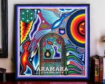12" Huichol painting, Huichol art, Mexican decor, Mexican painting, Mexican wall art, Native art, Mexican art, Mexican folk art, 30-567