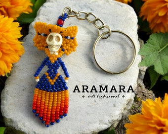 Beaded Catrina keychain, Mexican Keychain, Native American, Huichol Keychain, Beaded skull, Seed Bead , Day of the dead, Dia de muertos,