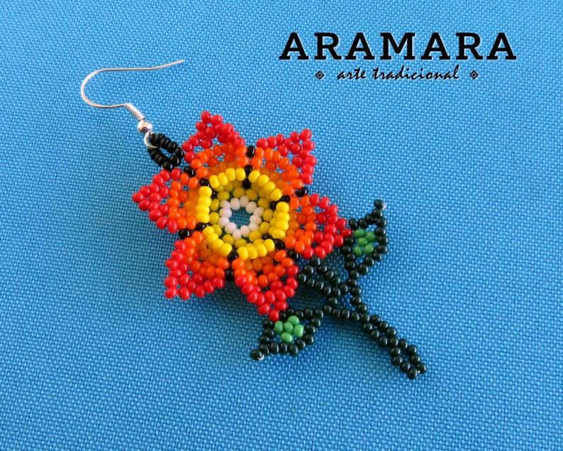 Huichol Earrings Native american earrings Beaded Flower Mexican earrings Mexican Jewelry Flower Earrings Mexican folk art AF-0919