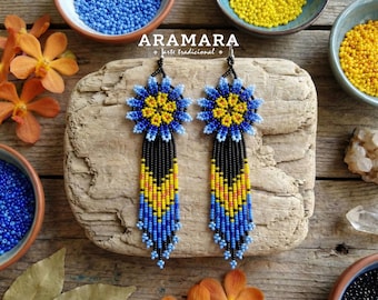 Statement Beaded Flower Earrings | Seed Bead Jewelry | Huichol Beadwork | Blue and Yellow