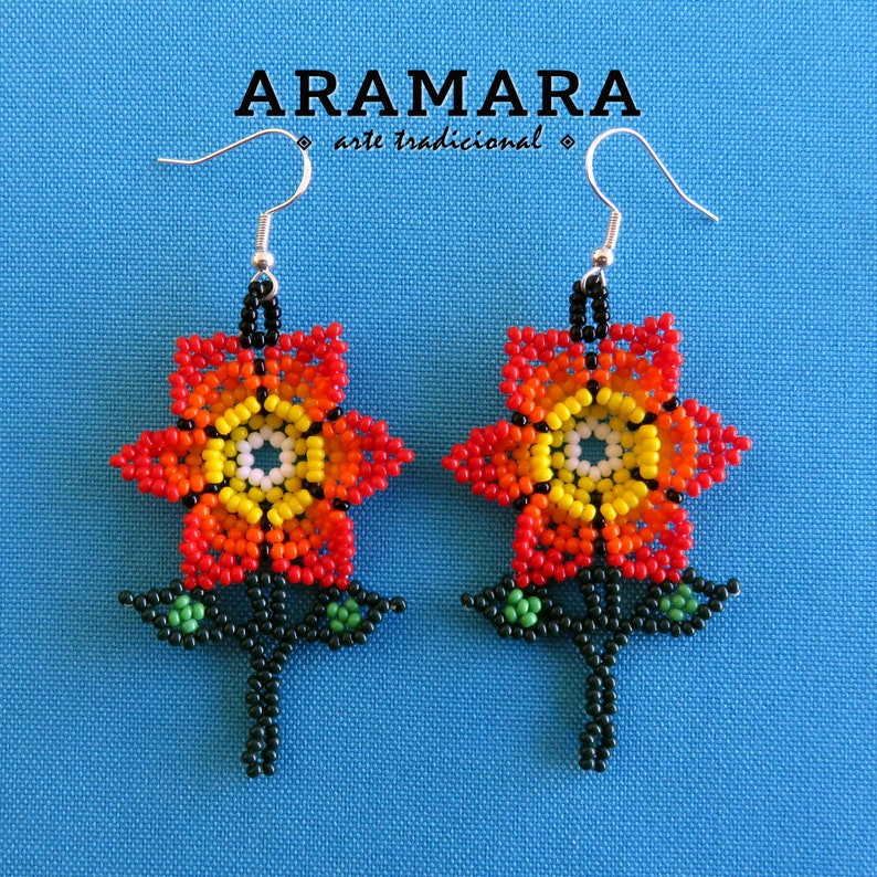 Huichol Earrings Native american earrings Beaded Flower Mexican earrings Mexican Jewelry Flower Earrings Mexican folk art AF-0919