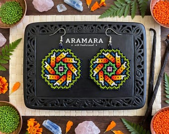 Seed Bead Octagonal Mandala Earrings | Artisan Jewelry | Huichol Beadwork | Red Ombre and Green