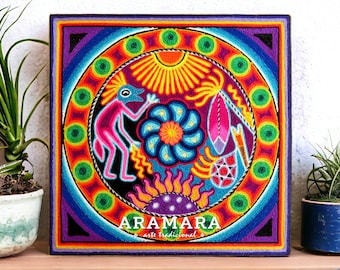 12" Huichol painting, Native art, Mexican wall art, Huichol art, Mexican painting, Mexican art, Mexican decor, Mexican folk art, 30-573