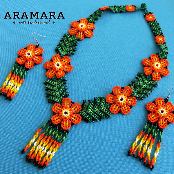 Huichol Jewelry set, Huichol necklace, Mexican Necklace, Huichol earrings, Huichol Jewelry, Mexican Jewelry, Beaded flower, Boho, JGO-0117