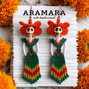 Catrina-oorbellen met kralen, Huichol-oorbellen, Dag van de Doden-oorbellen, Franje-oorbellen, Dia de muertos, Zaadkralenoorbellen, Schedel met kralen, Boho