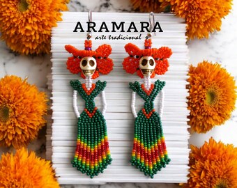 Beaded Catrina earrings, Huichol Earrings, Day of the dead earrings, Fringe Earrings, Dia de muertos, Seed Bead Earrings, Beaded skull, Boho