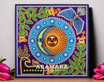 12" Huichol painting, Native art, Huichol art, Mexican art, Mexican decor, Mexican painting, Mexican wall art, Mexican folk art, 30-550
