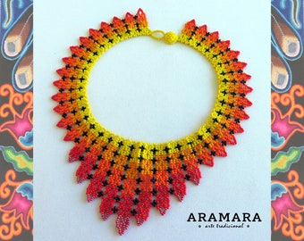 Mexikanische Halskette, Halsband Halskette, Bib, Huichol Halskette, Huichol Perlenarbeit, Perlen Halskette, Huichol Schmuck, mexikanischer Schmuck, COM-0048