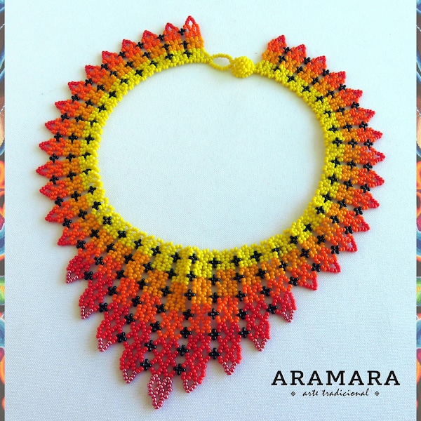 Mexican Necklace, Choker necklace, Bib, Huichol necklace, Huichol beadwork, Beaded necklace, Huichol Jewelry, Mexican Jewelry, COM-0048