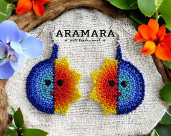 Zonoorbellen, maanoorbellen, Eclipse-oorbellen, Huichol-oorbellen, Indiaanse oorbellen, Rocailles, Mexicaanse oorbellen, Volkskunst,