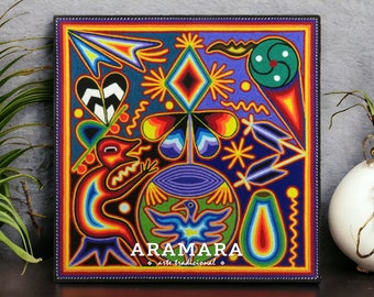 12" Huichol Yarn painting, Mexican art, Mexican painting, Mexico art, Huichol art, Huichol painting, Huichol Yarn, Mexican decor 30-527