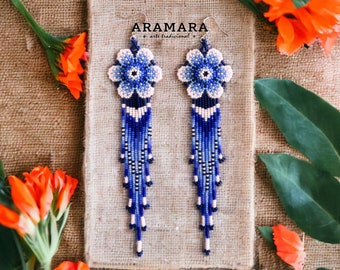 Beaded Flower Fringe Earrings | Statement Earrings | Huichol Beadwork | Blue Ombre and White