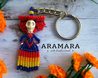 Beaded Catrina keychain, Mexican Keychain, Native American, Huichol Keychain, Beaded skull, Seed Bead , Day of the dead, Dia de muertos,