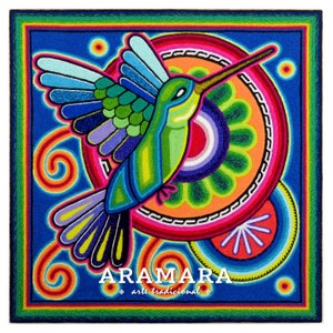 May include: A colourful, vibrant painting of a hummingbird in flight, surrounded by concentric circles of bright colours. The painting is signed "ARAMARA arte tradicional".