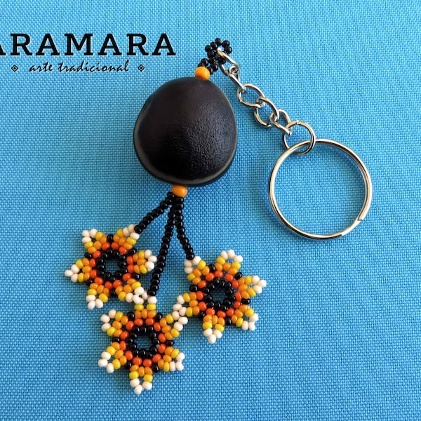 Evil eye Keychain, Mexican Keychain, Nazar Keychain, Deer's eye seed, Huichol Keychain, Sea bean, Ojo de Venado, Native American keychain,