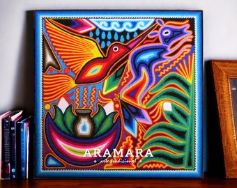 12" Huichol painting, Native art, Huichol art, Mexican art, Mexican decor, Mexican painting, Mexican wall art, Mexican folk art, 30-523