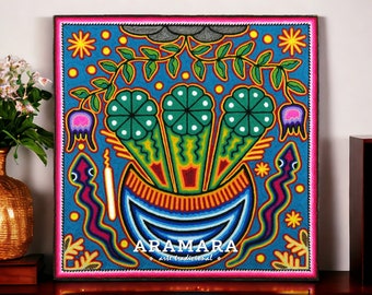 12" Huichol painting, Native art, Huichol art, Mexican art, Mexican decor, Mexican painting, Mexican wall art, Mexican folk art, 30-545