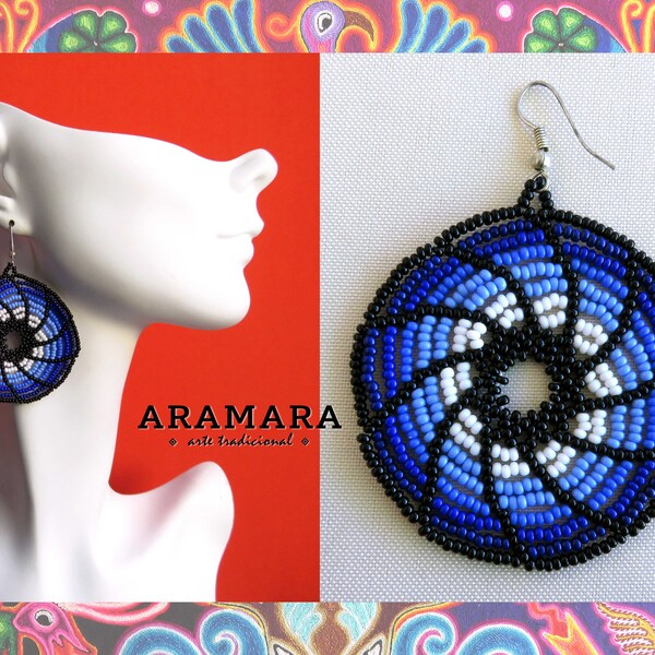 Native american earrings, Huichol Earrings, Swirl Earrings, Round earring, Mexican folk art, Mexican Jewelry, Mexican earrings, AR-0014