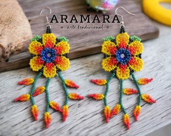 Bloemoorbellen met franje | Mexicaanse sieraden | Huichol-kralenwerk | Geel en oranje