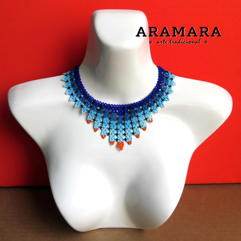 Huichol beadwork, Mexican Necklace, Beaded necklace, Huichol necklace, Huichol Jewelry, Mexican Jewelry, Bib, Choker necklace, COM-0049 image 3