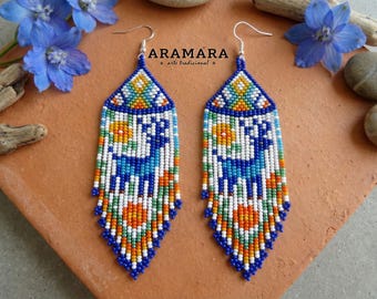 Fringe Blue Deer Earrings | Mexican Jewelry | Huichol Beadwork | Blue and White